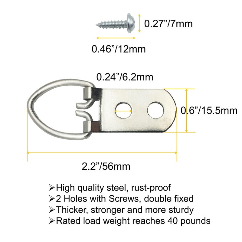 EesTeck 40 Pack D-Ring Steel Picture Hangers Heavy Duty with Screws Picture Frames Double Holes Clasp Picture Hang Solutions - Image 4